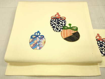 平和屋着物●九寸名古屋帯　手描き　巾着　金糸　正絹　逸品　DAAX5998cm