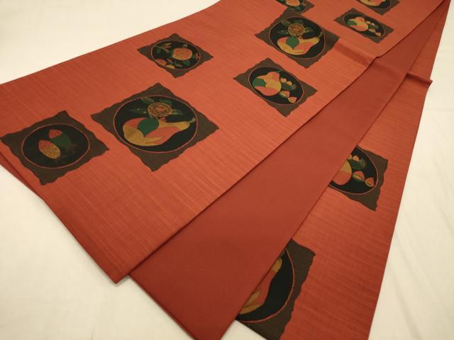 平和屋着物◎六通柄袋帯　古今絵巻　紹巴　成り物　赤茶色　正絹　逸品　DAAX6041jm