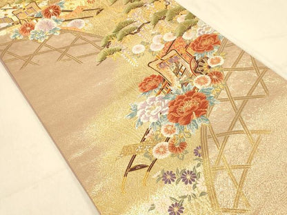 平和屋着物◎六通柄袋帯　唐織　御所車花文　金糸　正絹　逸品　DAAX6053jm