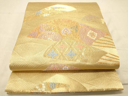 平和屋着物◎六通柄袋帯 扇面花文 金糸 正絹 逸品 DAAX6168jm