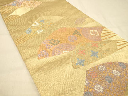 平和屋着物◎六通柄袋帯 扇面花文 金糸 正絹 逸品 DAAX6168jm