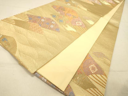 平和屋着物◎六通柄袋帯 扇面花文 金糸 正絹 逸品 DAAX6168jm