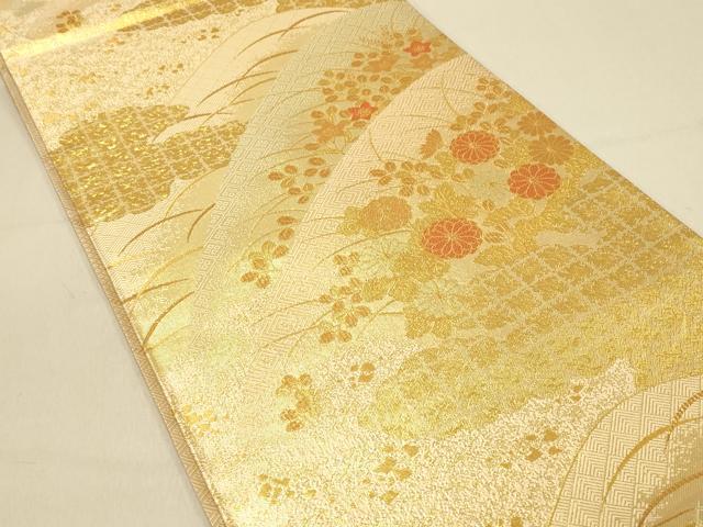 平和屋着物◎佐賀錦　両面　六通柄袋帯　秋草文　金糸　正絹　逸品　DAAX6199jm