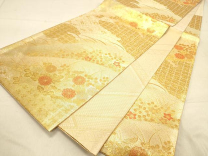 平和屋着物◎佐賀錦　両面　六通柄袋帯　秋草文　金糸　正絹　逸品　DAAX6199jm