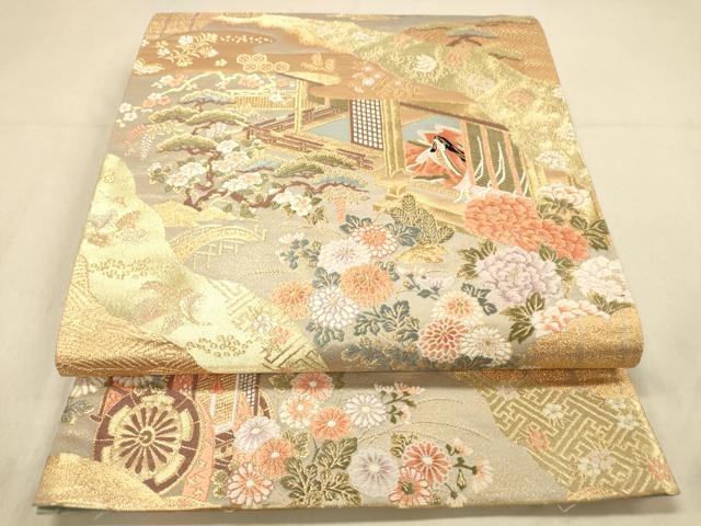 平和屋着物◎六通柄袋帯 唐織 風景女人文 金糸 正絹 逸品 DAAX6337jm