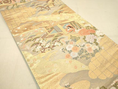 平和屋着物◎六通柄袋帯 唐織 風景女人文 金糸 正絹 逸品 DAAX6337jm