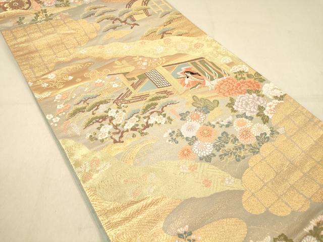 平和屋着物◎六通柄袋帯 唐織 風景女人文 金糸 正絹 逸品 DAAX6337jm