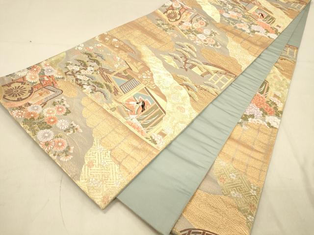 平和屋着物◎六通柄袋帯 唐織 風景女人文 金糸 正絹 逸品 DAAX6337jm