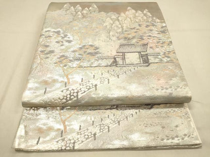 平和屋着物◎六通柄袋帯　風景文　銀糸　引箔　正絹　逸品　DAAX6371jm