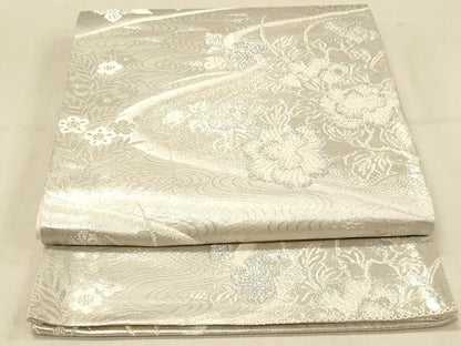 平和屋着物◎六通柄袋帯　流水草花文　銀糸　正絹　逸品　DAAX6454jm