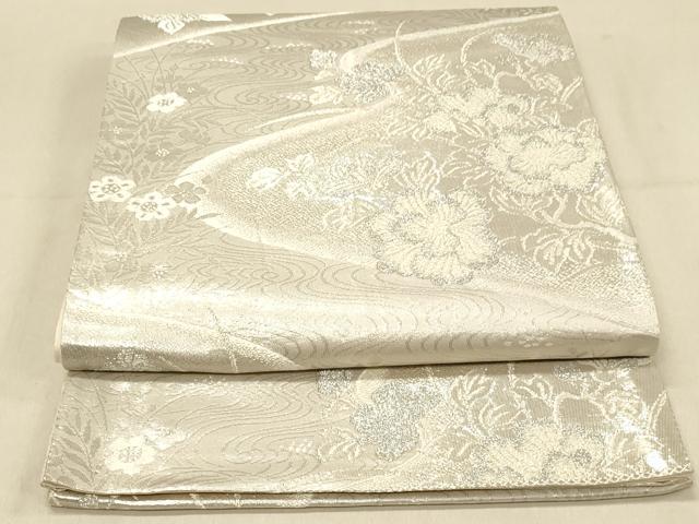 平和屋着物◎六通柄袋帯　流水草花文　銀糸　正絹　逸品　DAAX6454jm
