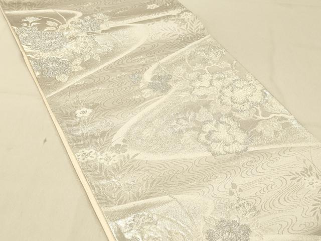 平和屋着物◎六通柄袋帯　流水草花文　銀糸　正絹　逸品　DAAX6454jm