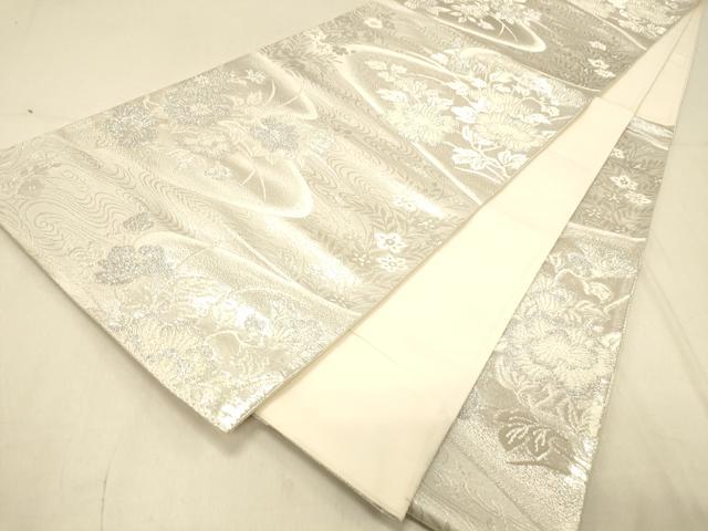 平和屋着物◎六通柄袋帯　流水草花文　銀糸　正絹　逸品　DAAX6454jm