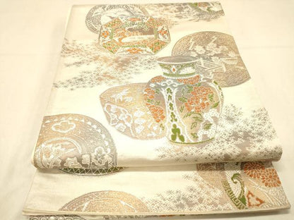 平和屋着物◎六通柄袋帯　陶器花文　銀糸　正絹　逸品　DAAX6459jm