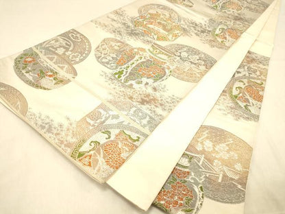 平和屋着物◎六通柄袋帯　陶器花文　銀糸　正絹　逸品　DAAX6459jm