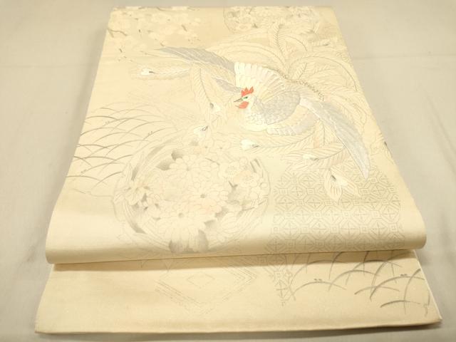 平和屋着物◎六通柄袋帯　刺繍　花鳥丸文　銀糸　正絹　逸品　DAAX6462jm