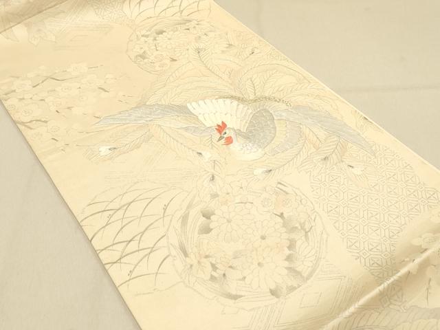 平和屋着物◎六通柄袋帯　刺繍　花鳥丸文　銀糸　正絹　逸品　DAAX6462jm