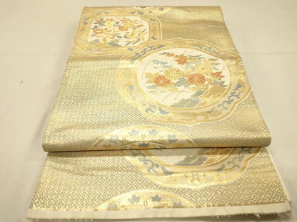 平和屋着物◎六通柄袋帯　絵皿花鳥文　金糸　正絹　逸品　DAAX6464jm