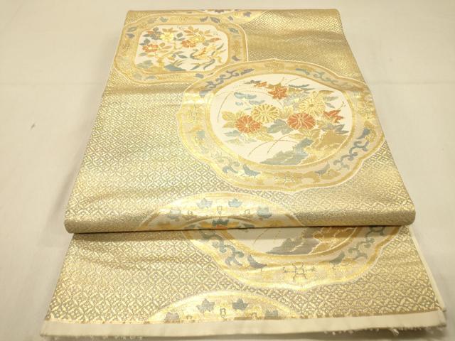 平和屋着物◎六通柄袋帯　絵皿花鳥文　金糸　正絹　逸品　DAAX6464jm