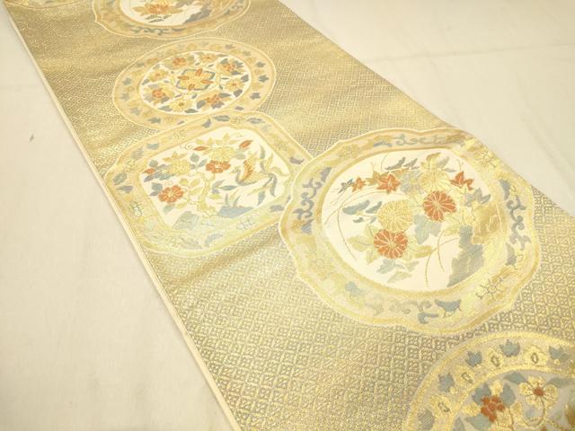 平和屋着物◎六通柄袋帯　絵皿花鳥文　金糸　正絹　逸品　DAAX6464jm