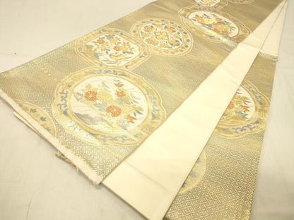 平和屋着物◎六通柄袋帯　絵皿花鳥文　金糸　正絹　逸品　DAAX6464jm