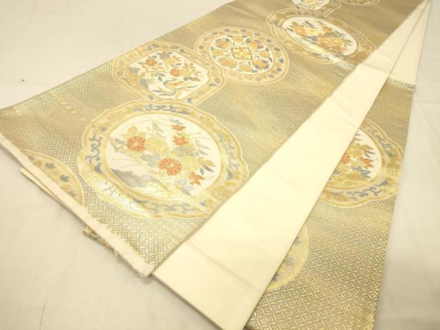 平和屋着物◎六通柄袋帯　絵皿花鳥文　金糸　正絹　逸品　DAAX6464jm