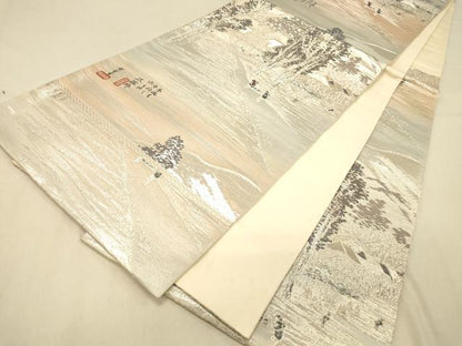 平和屋着物◎六通柄袋帯　東海道廣重　風景文　銀糸　正絹　逸品　DAAX6489jm