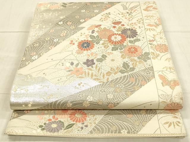 平和屋着物◎六通柄袋帯 唐織 流水花文 純プラチナ箔 正絹 逸品 DAAX7033qp