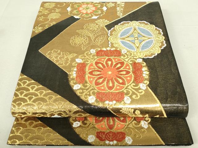 平和屋着物◎六通柄袋帯　唐織　花丸文　藤花房　黒地　金糸　正絹　逸品　DAAX7074qp