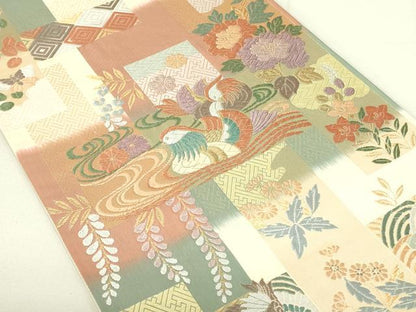平和屋着物◎六通柄袋帯　唐織　鴛鴦花文　能衣の美　金糸　正絹　逸品　DAAX7207xg