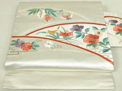 平和屋着物◎九寸名古屋帯　総刺繍　駒刺繍　花蝶文　金銀糸　正絹　逸品　DAAX7220qp