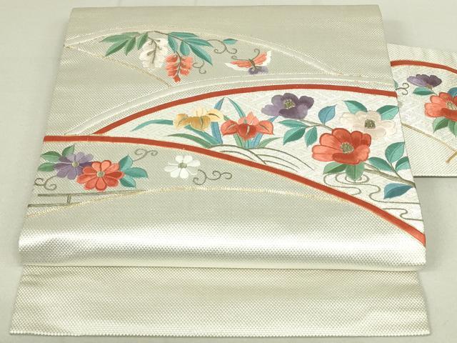 平和屋着物◎九寸名古屋帯　総刺繍　駒刺繍　花蝶文　金銀糸　正絹　逸品　DAAX7220qp