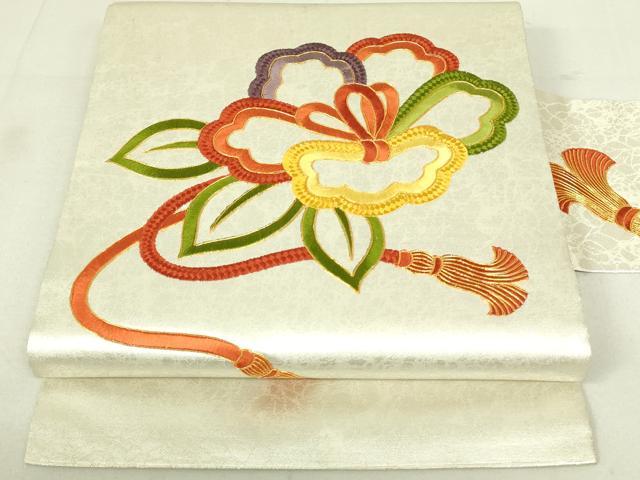 平和屋着物◎九寸名古屋帯　総刺繍　駒刺繍　結び紐花文　正絹　逸品　DAAX7239qp