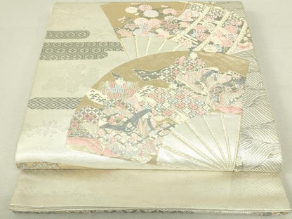 平和屋着物◎六通柄袋帯　扇面取り三十六歌仙図　プラチナ箔　正絹　逸品　DAAX7358qp