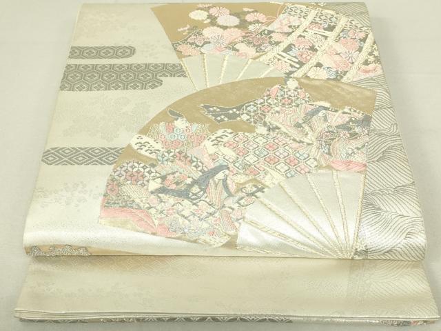 平和屋着物◎六通柄袋帯　扇面取り三十六歌仙図　プラチナ箔　正絹　逸品　DAAX7358qp
