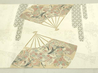 平和屋着物◎六通柄袋帯　扇面取り三十六歌仙図　プラチナ箔　正絹　逸品　DAAX7358qp