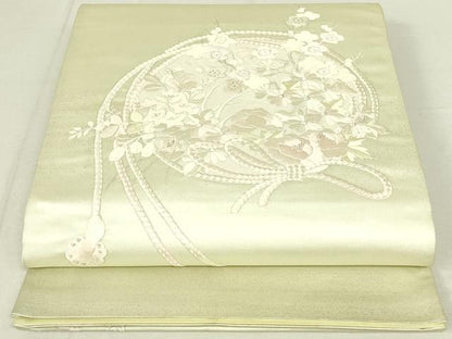 平和屋着物◎西陣 太鼓柄袋帯 総刺繍 組紐花文 銀糸 正絹 逸品 DAAX7506qp