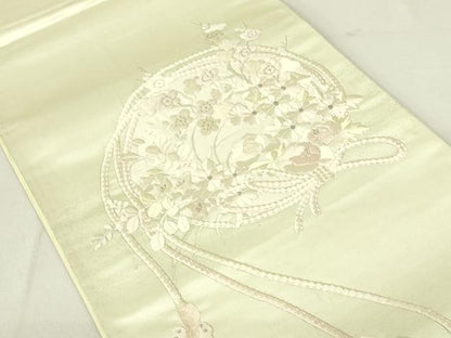 平和屋着物◎西陣 太鼓柄袋帯 総刺繍 組紐花文 銀糸 正絹 逸品 DAAX7506qp