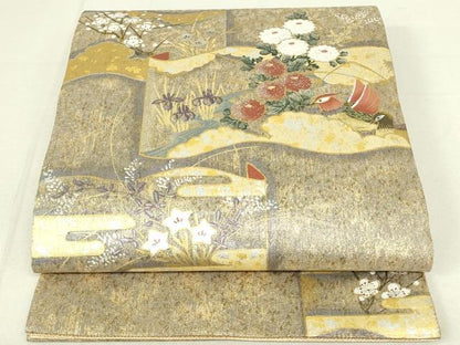 平和屋着物◎佐賀錦 六通柄袋帯 手描き 鴛鴦花文 金銀彩 正絹 逸品 DAAX7511qp