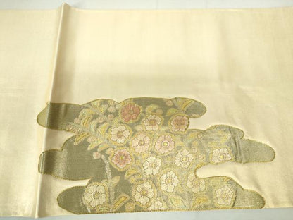 平和屋着物◎太鼓柄袋帯　駒刺繍　枝花文　金糸　正絹　逸品　DAAX7620qa