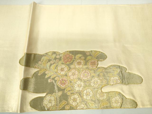 平和屋着物◎太鼓柄袋帯　駒刺繍　枝花文　金糸　正絹　逸品　DAAX7620qa