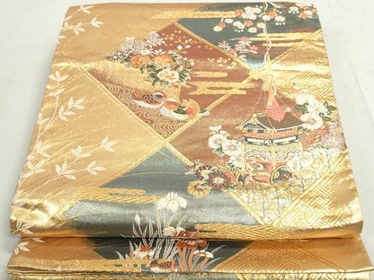 平和屋着物◎六通柄袋帯　唐織　鴛鴦花文　金糸　正絹　逸品　DAAX7663qa
