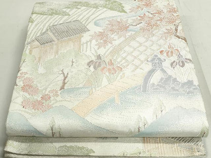 平和屋着物◎佐賀錦　六通柄袋帯　風景文　銀糸　正絹　逸品　DAAX7684qa