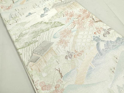 平和屋着物◎佐賀錦　六通柄袋帯　風景文　銀糸　正絹　逸品　DAAX7684qa