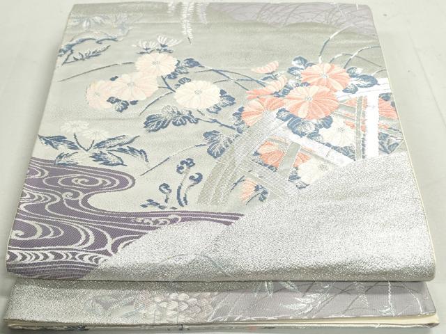 平和屋着物◎六通柄袋帯　流水草花文　銀糸　正絹　逸品　DAAX7725qa