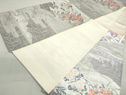 平和屋着物◎六通柄袋帯　流水草花文　銀糸　正絹　逸品　DAAX7725qa