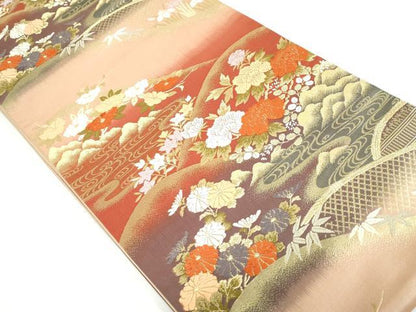 平和屋着物◎六通柄袋帯 唐織 重ね山花文 金糸 正絹 逸品 DAAX7791qa