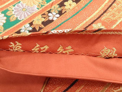平和屋着物◎六通柄袋帯　唐織　斜縞舞花文　金糸　正絹　逸品　DAAX7855qa