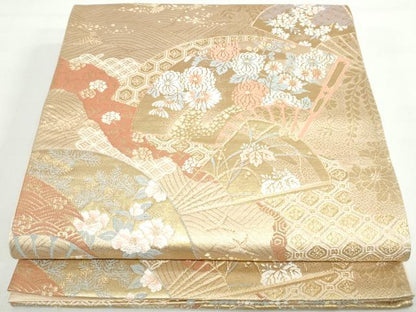 平和屋着物◎六通柄袋帯　唐織　扇面草花文　金糸　正絹　逸品　DAAX7895qa