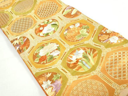 平和屋着物◎六通柄袋帯　駒刺繍　亀甲椿花丸文　金糸　正絹　逸品　DAAX7897qa